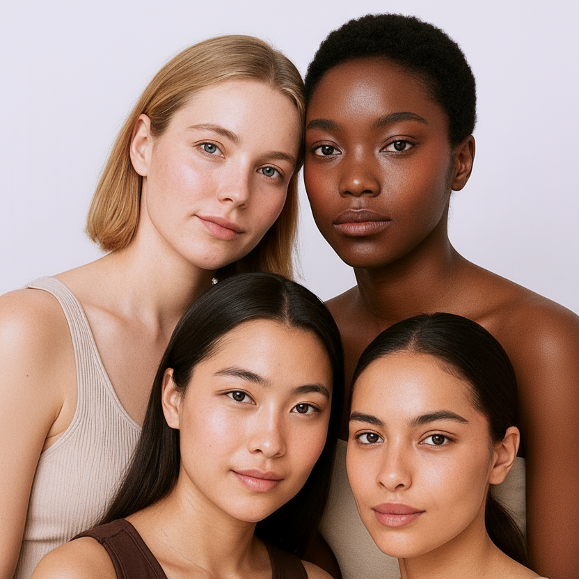 Four women with different skin tones standing close together against a plain background